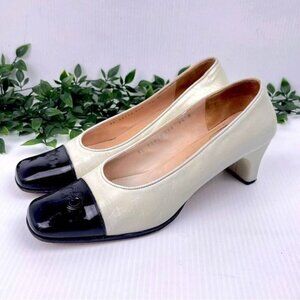 Salvatore Ferragamo Leather Creme &Black Color block Heel pumps 8.5